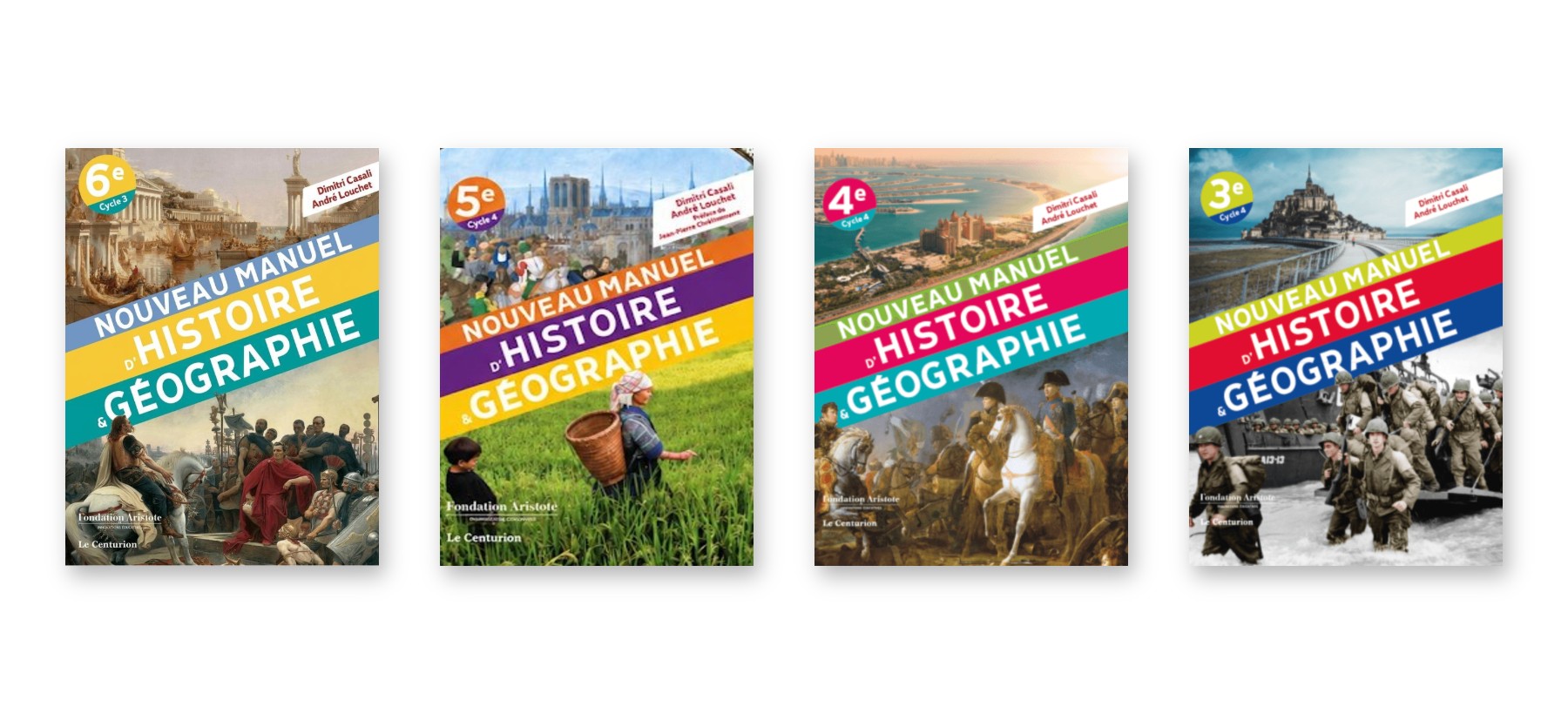 Couvertures des manuels d’histoire-géographie de 6e, 5e, 4e et 3e