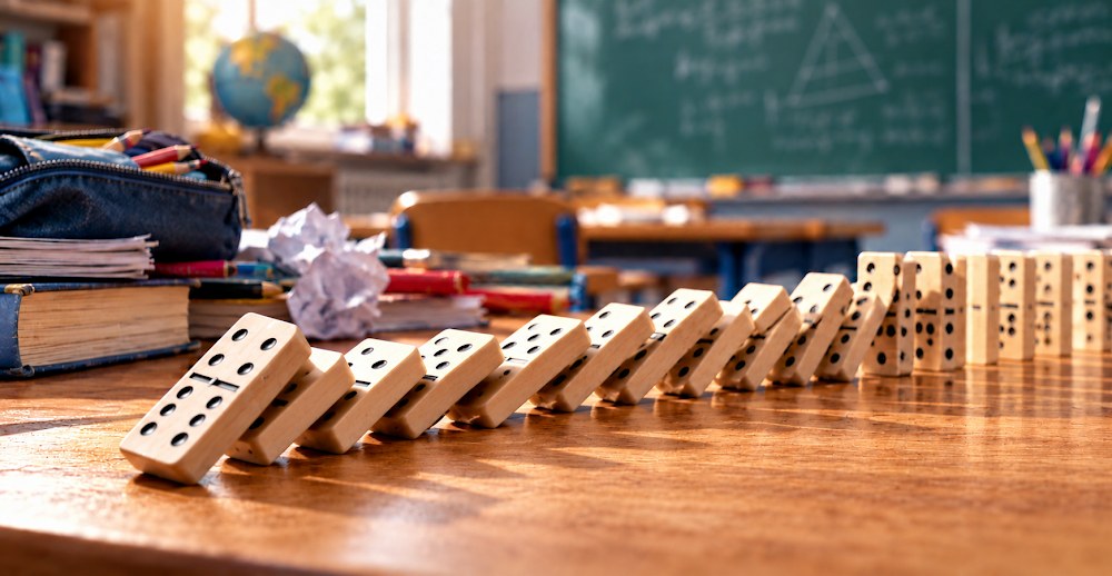 Salle de classe et dominos qui tombent