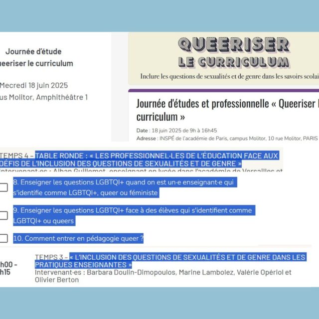 🛑Journée d'études et professionnelle « Queeriser le curriculum » 🛑
Par @inspe_paris...
Financé par l'État français dans le cadre du budget de l'Éducation nationale... 
Donc avec nos impôts💵...
https://inspe-paris.fr/journee-d-etude-queeriser-le-curriculum 
@mamans.louves @audugesophie 
 @le_jdd @cnews @lefigaro @tocsin_media @andrebercoff_officiel 
 @education_gouv @elisabeth_borne 
 #ideologie #education #ecole